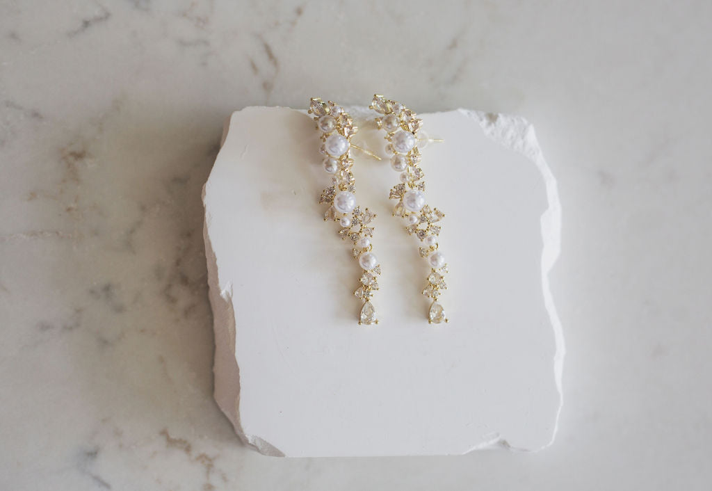 Cascading Pearl Crystal Earrings, Gold Floral Dangle, Bridal Jewelry