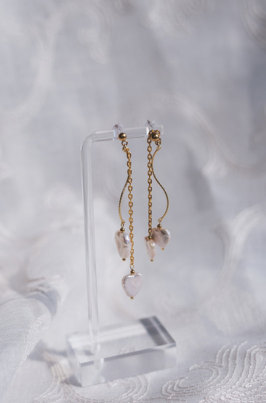 Gold Heart Baroque Pearl Chain Drop Earrings