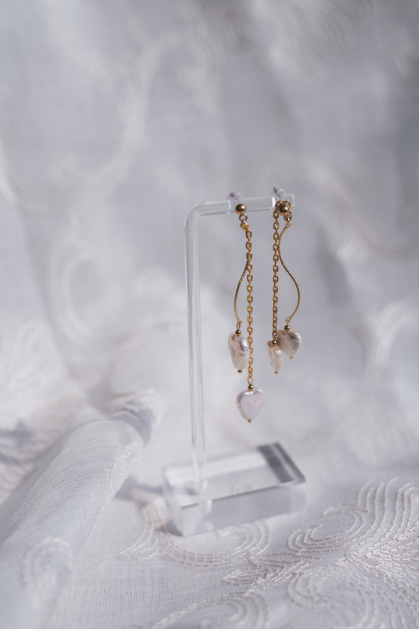 Gold Heart Baroque Pearl Chain Drop Earrings