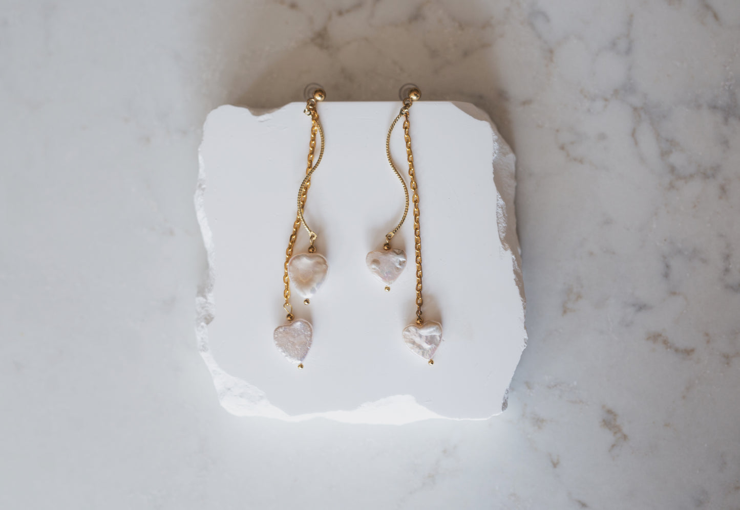 Gold Heart Baroque Pearl Chain Drop Earrings