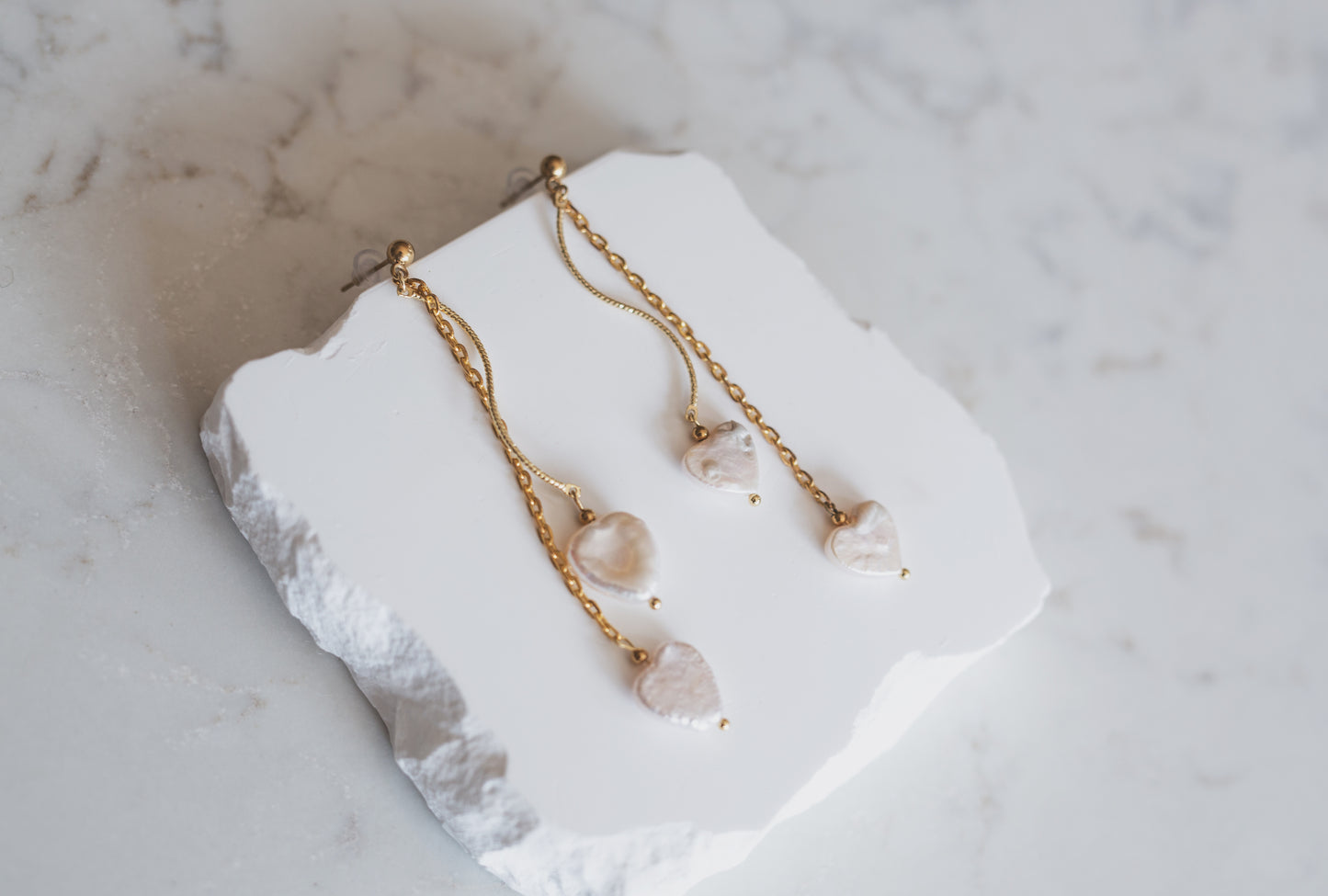 Gold Heart Baroque Pearl Chain Drop Earrings