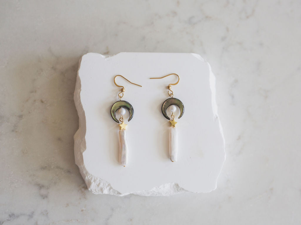 Celestial Moon Star Pearl Earrings, Gold Boho Bridal Dangle Jewelry