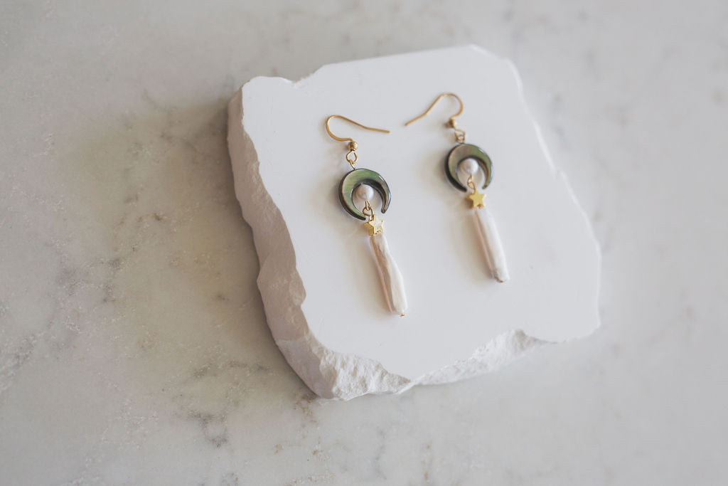 Celestial Moon Star Pearl Earrings, Gold Boho Bridal Dangle Jewelry