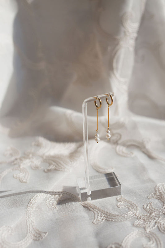 Gold Pearl Drop Huggie Earrings, Dainty Minimalist Wedding Jewelry