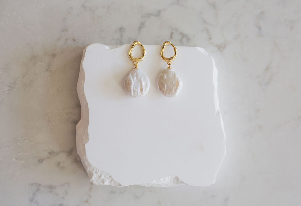 Baroque Pearl Drop Earrings, Gold Teardrop Studs, Bridal Wedding Jewelry