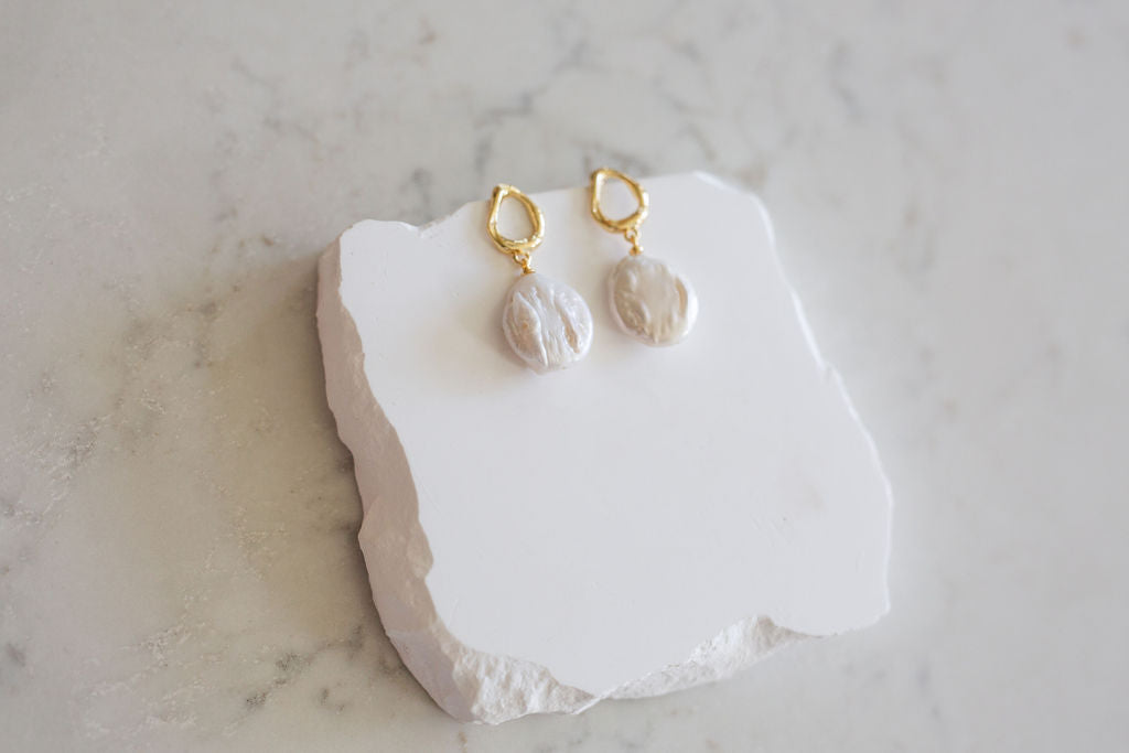 Baroque Pearl Drop Earrings, Gold Teardrop Studs, Bridal Wedding Jewelry