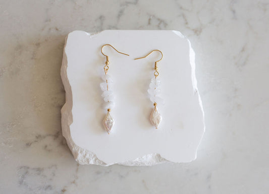 Rose Quartz & Baroque Pearl Earrings, Freshwater Pearl Dangle Earrings, Pink Crystal Drop Earrings, Gold Bridal Earrings, Wedding Jewelry