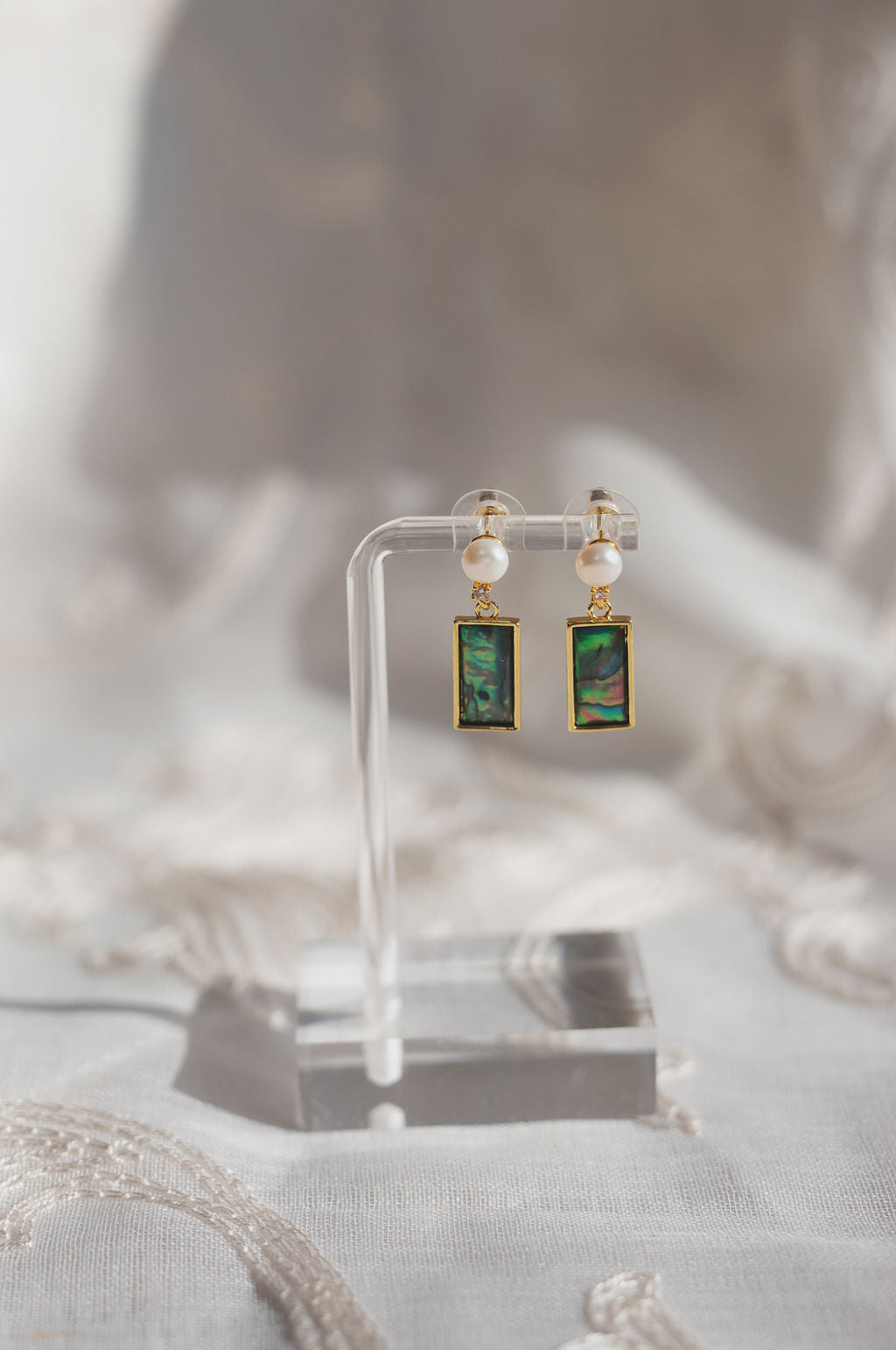Abalone Shell Pearl Drop Earrings, Iridescent Rectangular Inlay, Gold-Tone Statement Jewelry