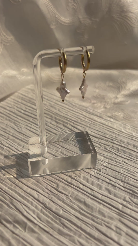 Gold Starburst Pearl Huggie Hoop Earrings