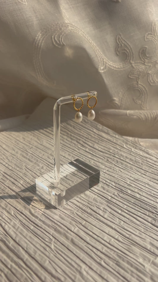 Gold Twisted Rope Pearl Huggie Earrings